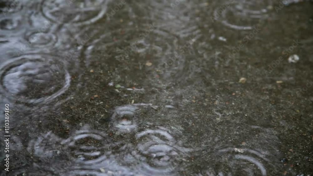 Rain drops falling into the puddle on the ground Rain drops falling into the puddle on the ground