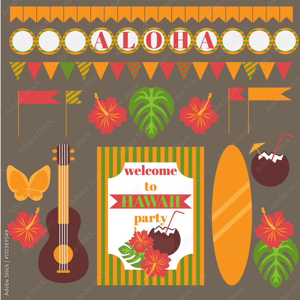 Printable set of hawaii party elements. Templates, labels, icons, flags ...