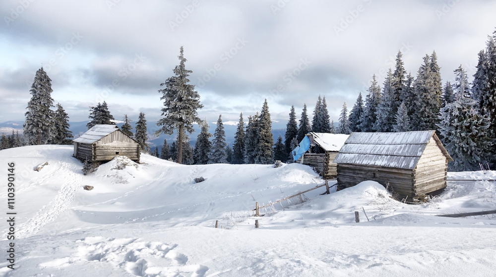 Lonely Wooden House in Winter Forest Lonely Wooden House in Winter Forest