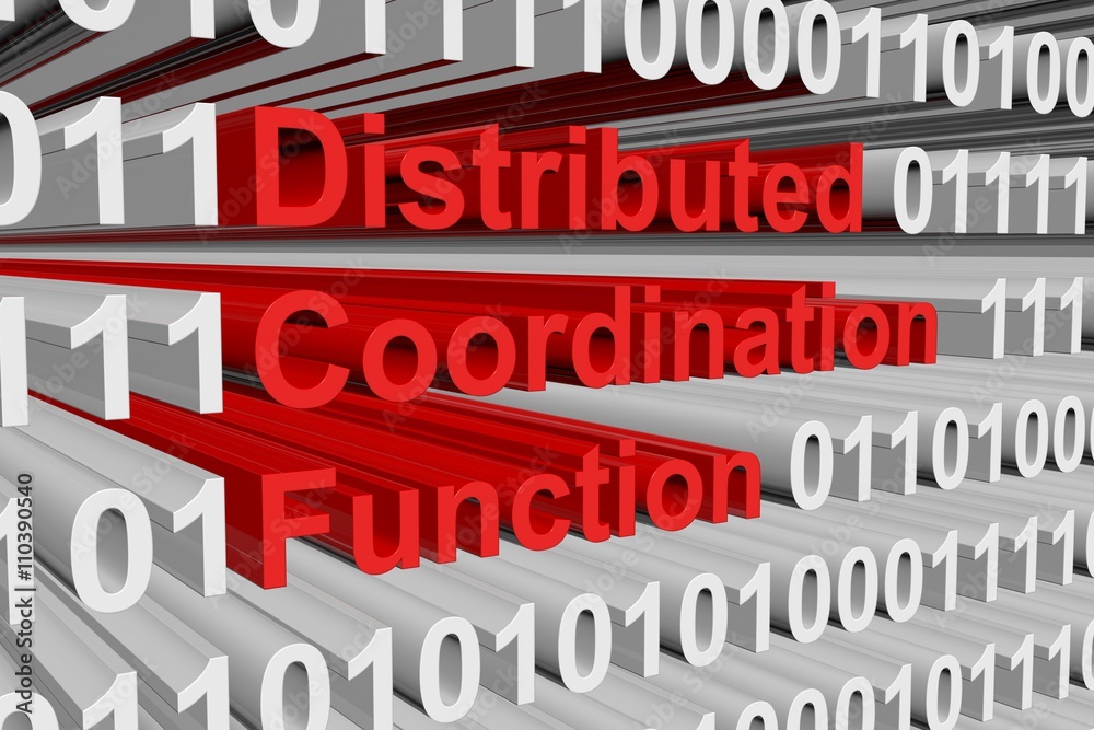 Distributed coordination function in the form of binary code, 3D illustration