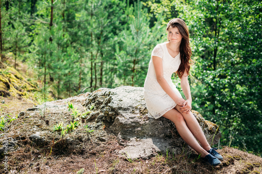 Beautiful Cute Young Smiling Woman Girl In White Dress Sitting O Beautiful Cute Young Smiling Woman Girl In White Dress Sitting O