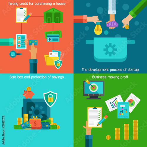 Flat concept for banking and purchasing in the shop using credit card.