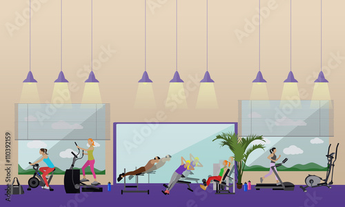 Fitness center interior vector illustration. People work out in gym horizontal banners. Sport activities concept. 
