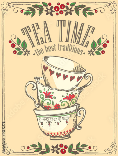 Illustration Tea Time with cute cups. Freehand drawing. Sketch
