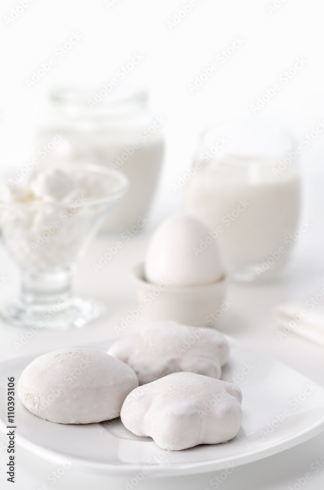 Gingerbread, eggs, curd and milk. Gingerbread, eggs, curd and milk.