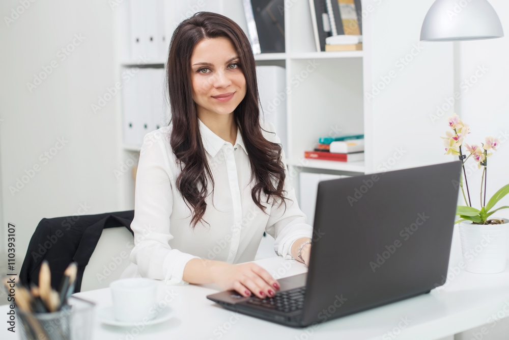 business woman with notebook in office, workplace business woman with notebook in office, workplace