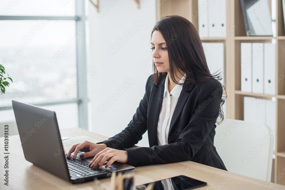 business woman with notebook in office, workplace business woman with notebook in office, workplace