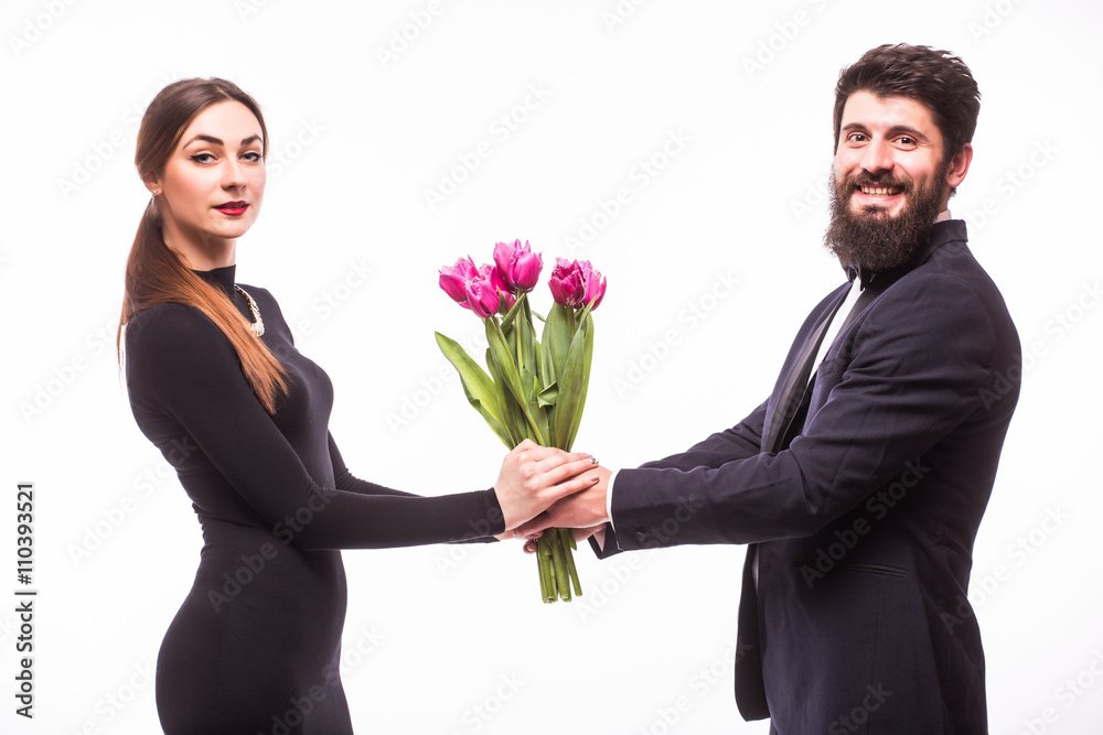 Young beautiful woman get flower bucket from his boyfriend on white background Young beautiful woman get flower bucket from his boyfriend on white background