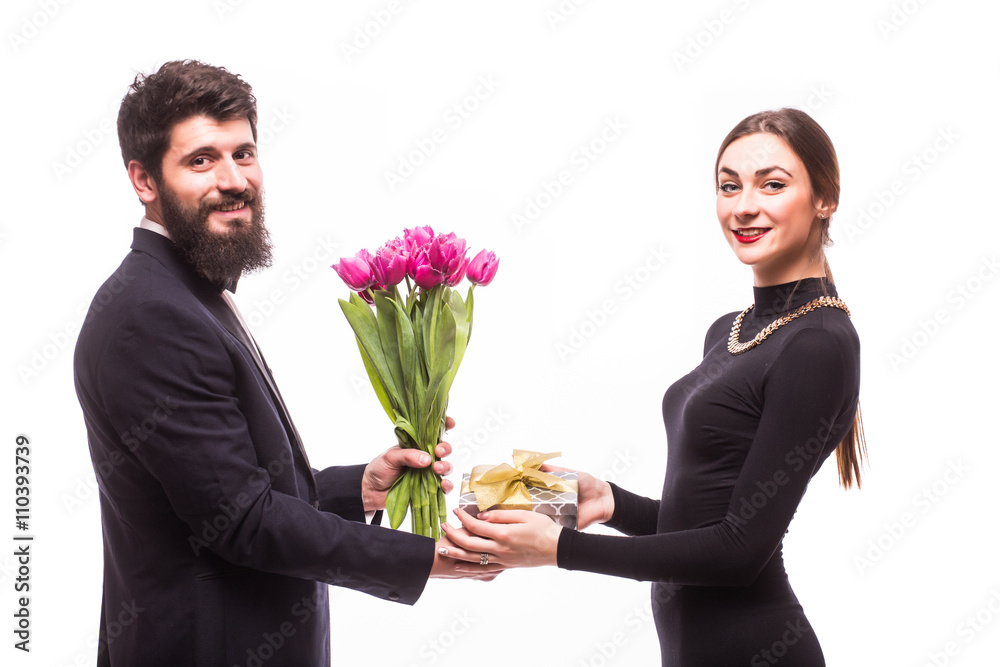 Young man give a gift for his girlfriend and tulips bucket on white background Young man give a gift for his girlfriend and tulips bucket on white background
