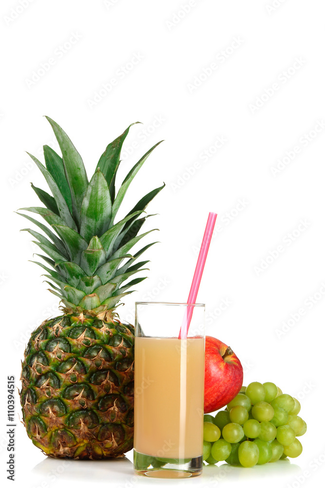 glass Cup of juice and grapes with pineapple and apple on white isolated background glass Cup of juice and grapes with pineapple and apple on white isolated background