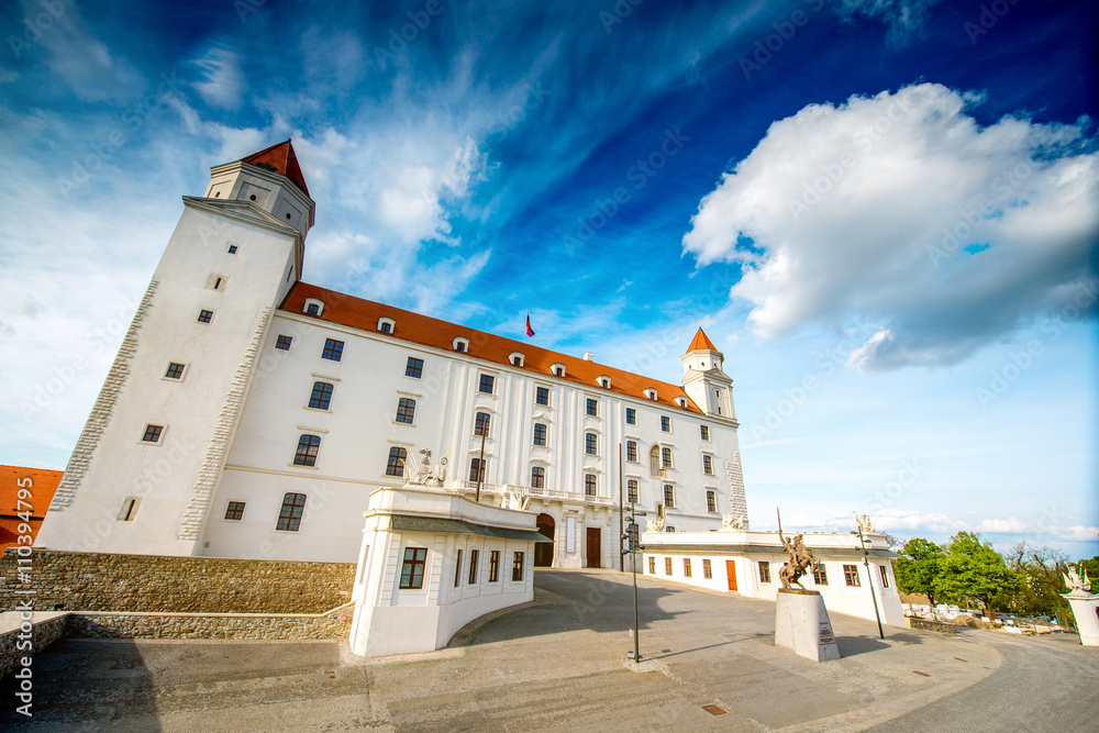 Close-up view on Bratislava castle with cloudy sky above in Slovakia