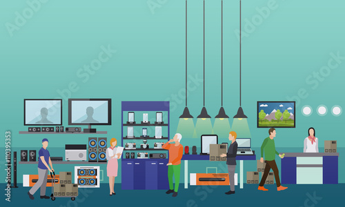 People shopping in a mall. Consumer electronics store Interior vector illustration. Design elements and banners flat style
