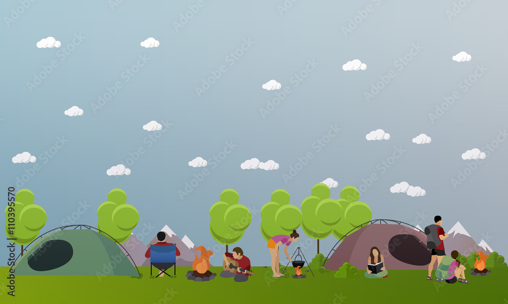 Naklejka premium Vector set of summer recreation concept banners in flat style. People camping in park