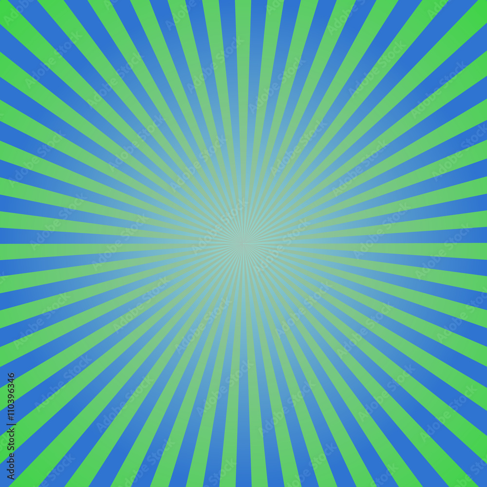Sunburst, starburst background set, colorful rays, beams. Fresh spring design in blue, green and white for card, websites, brochures and booklets