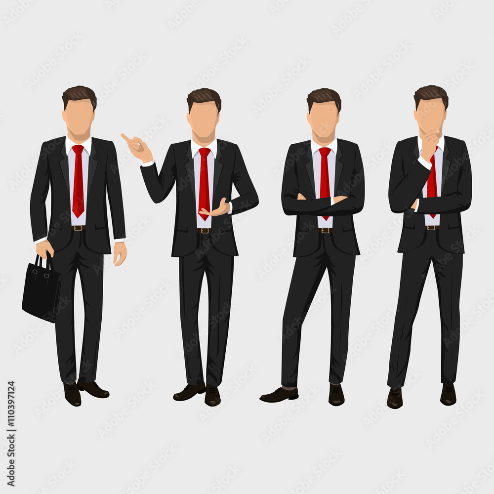 Business man set. Vector collection of full length portraits of business man. Elegant businessman in a suit and tie Business man set. Vector collection of full length portraits of business man. Elegant businessman in a suit and tie