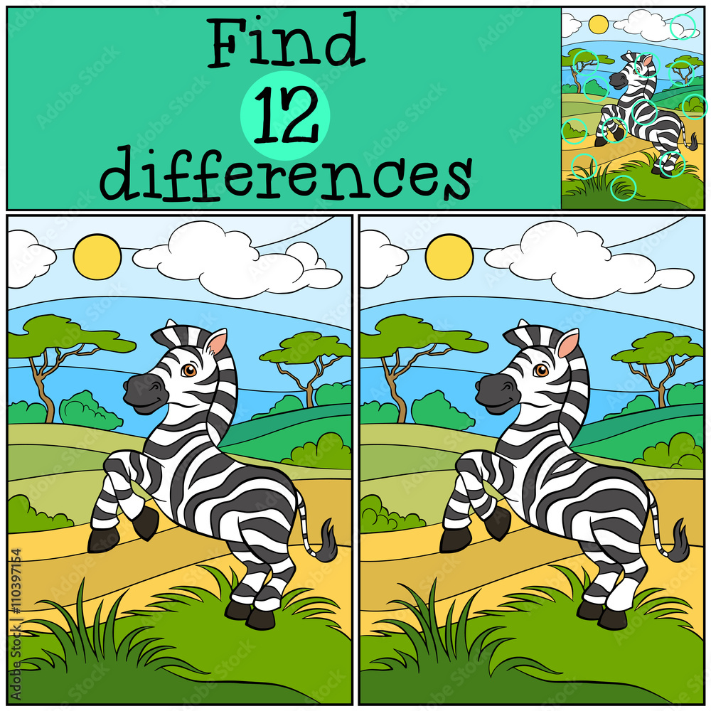 Fototapeta premium Children games: Find differences. Cute little zebra.