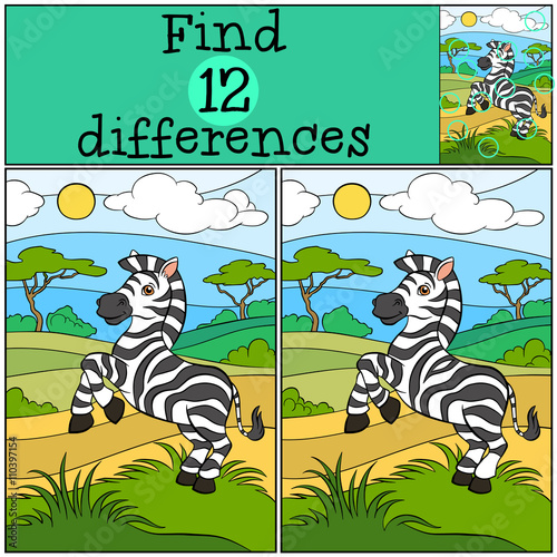 Children games: Find differences. Cute little zebra.