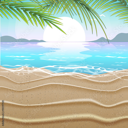 Fototapeta Naklejka Na Ścianę i Meble -  Romantic background in gentle blue tones. Sunset on the sea. Seascape. Sea horizon. Vector summer poster.