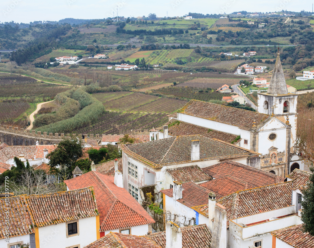 view of medieval village Obidos from town wall, Portugal  