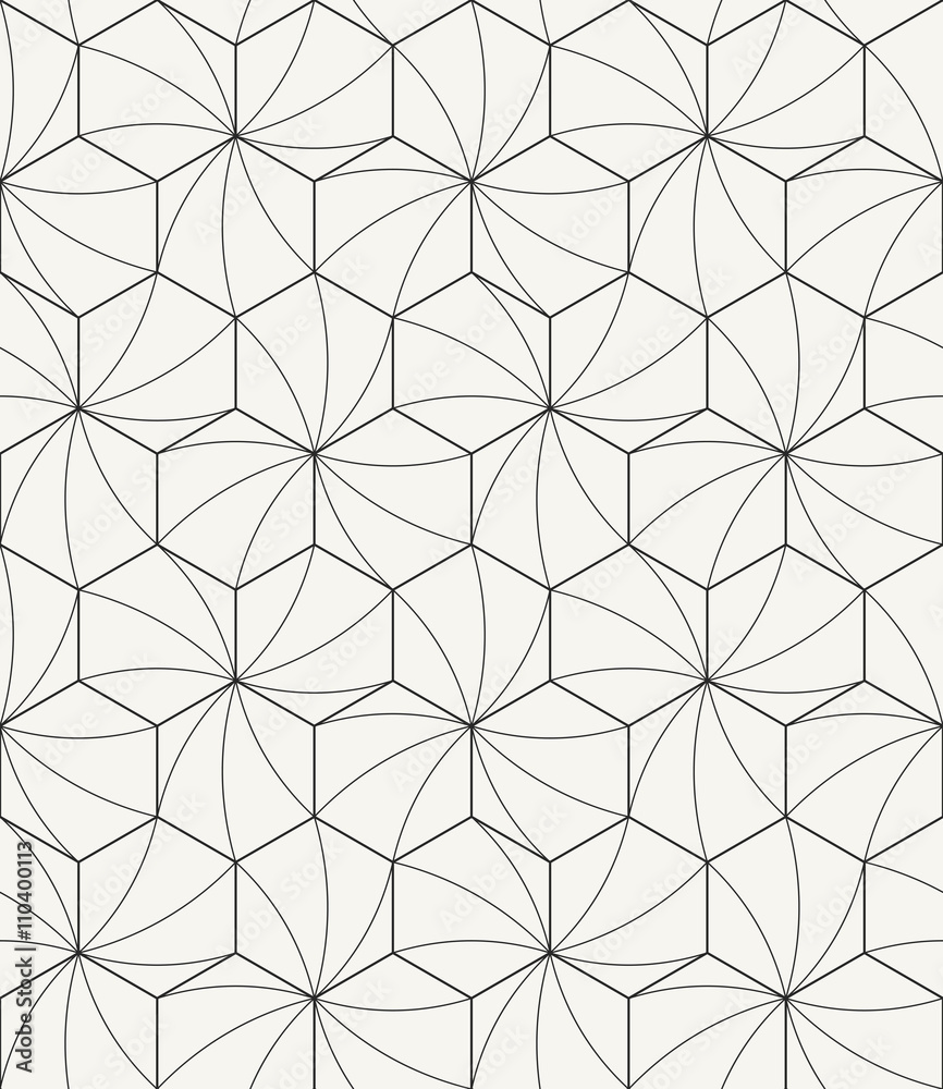 Vector seamless pattern - Modern stylish outlined geometric texture with structure of repeating hexagons with curved surface