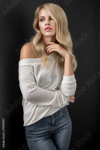 Blonde in white sweater
