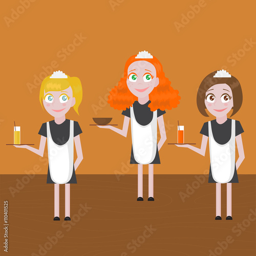 Restaurant Profession icons set. Cafe Profession for kids cartoon collection. Child Service Occupation Wateress girls