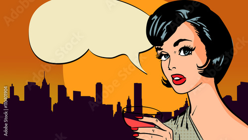 Retro poster: cityscape, woman with beverage and sunset. Vector pic