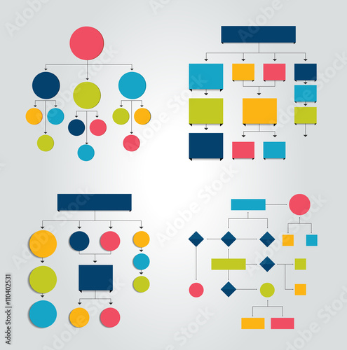 Flowcharts. Set of 6 flow charts schemes, diagrams. Simply color editable. Infographics elements.
