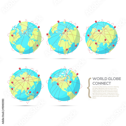 World globe connect in various positions of continent - vector