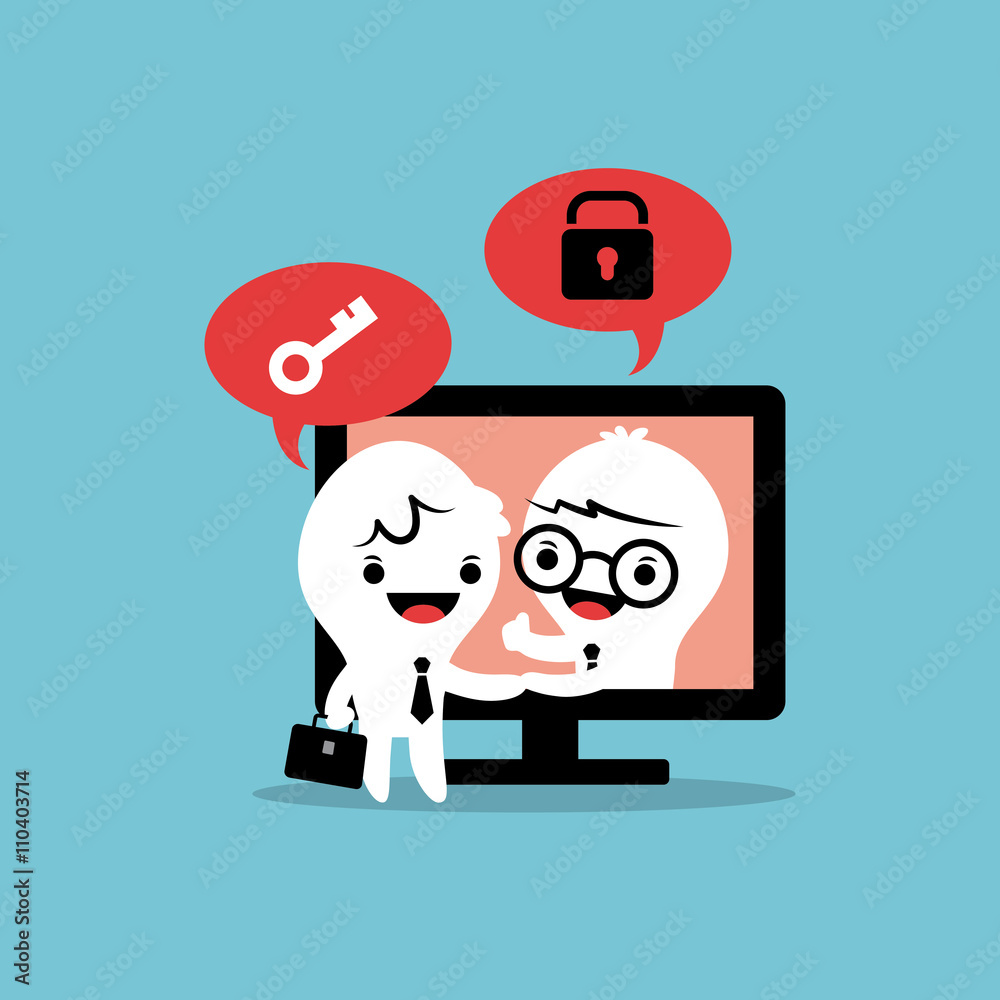 businessmen cartoon handshake computer screen online deal business concept businessmen cartoon handshake computer screen online deal business concept