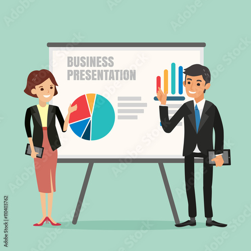 illustration of businessman and woman making a presentation with white board