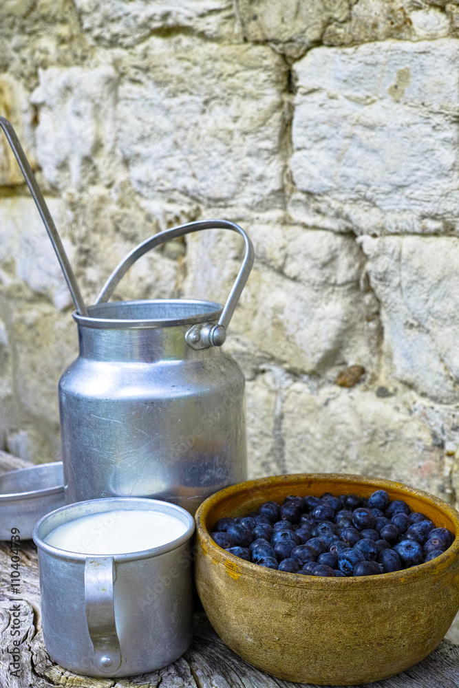 Breakfast on farm - fresh organic cowmilk and blueberry Breakfast on farm - fresh organic cowmilk and blueberry
