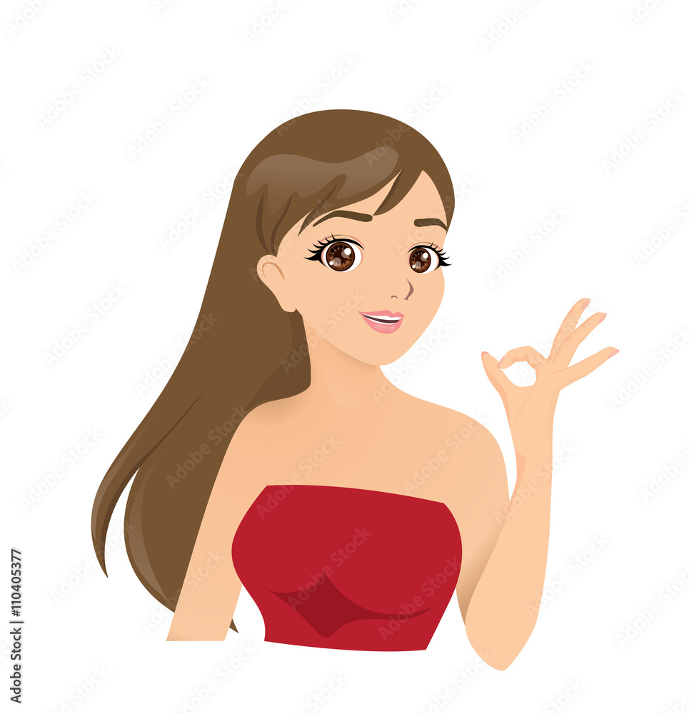 Vector cartoon of beautiful girl wearing red dress making ok sign Stock  Vector | Adobe Stock