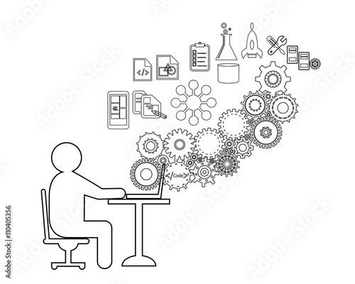 Software Developer or freelancer is Coding, This also represents a business analyst gathering requirements, tester testing code, engineer providing application support, vector illustration, icon set