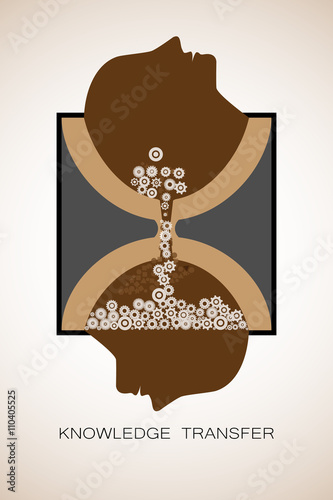 concept of Knowledge transfer or brainstorming, this vector modern image illustrates a knowledge transfer from one head to other head,  the hour glass symbol behind represents timeline, vector logo