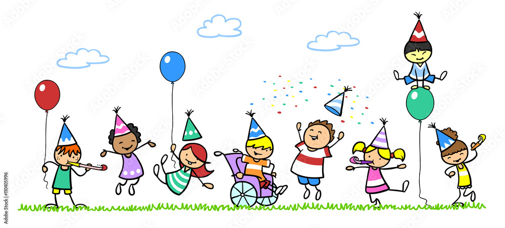 Kinder feiern Geburtstag mit Junge im Rollstuhl