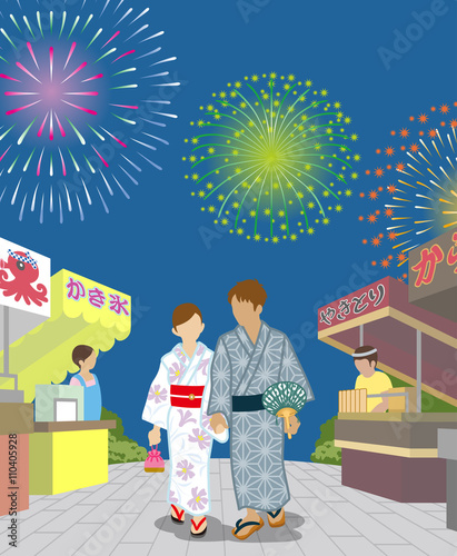Yukata couple in the Japanese firework display