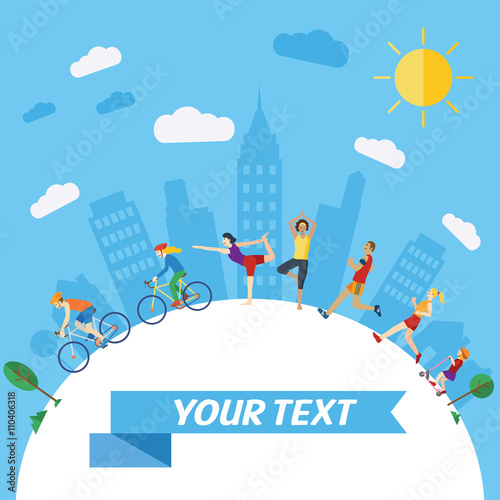 Flat design, Illustration of people exercising in the city