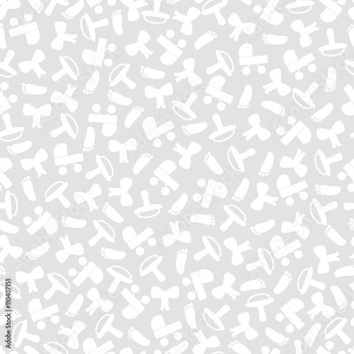 vector baby seamless pattern with carriage  nipple  bow and foot print  background for baby cards  baby shower...