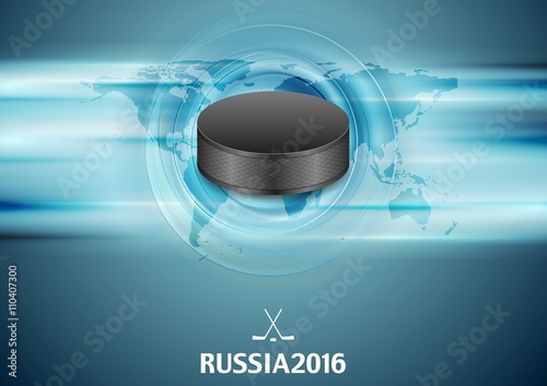 Blue abstract hockey background with black puck