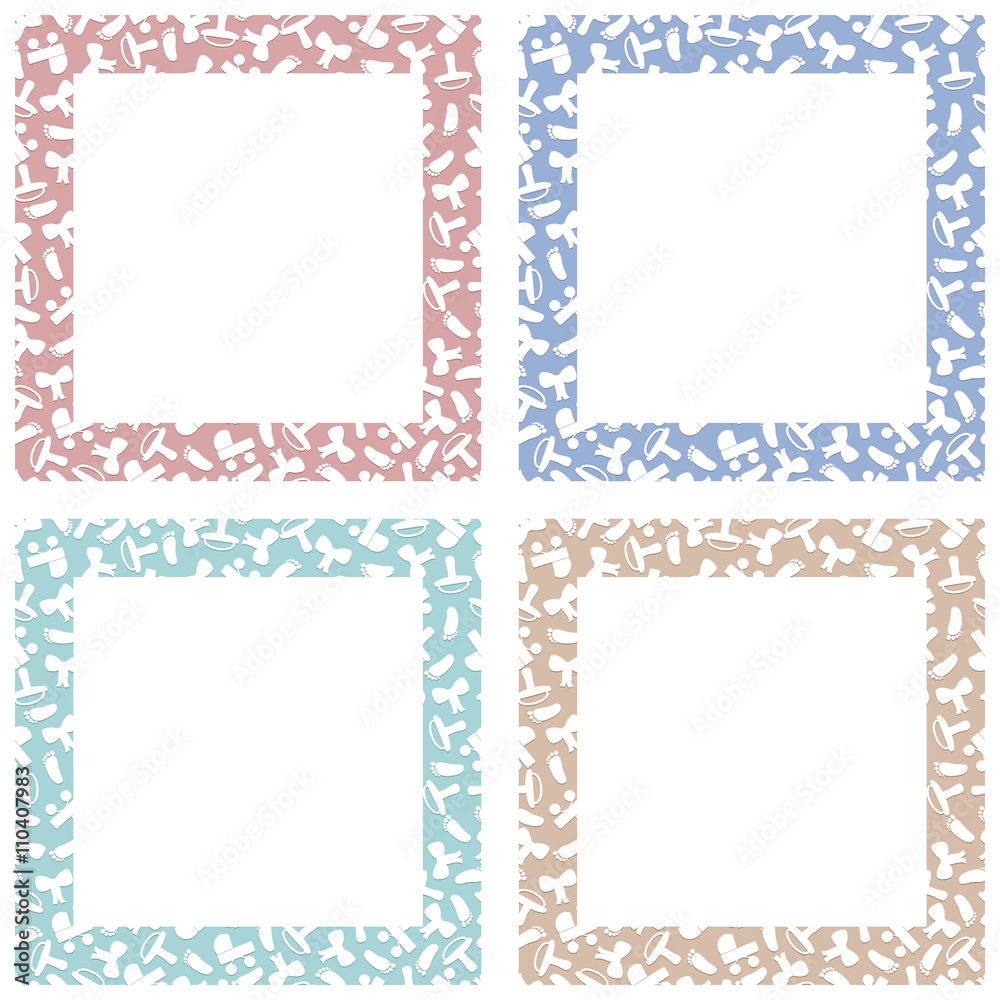 vector baby card, photo  frame. with carriage, nipple, bow and foot print