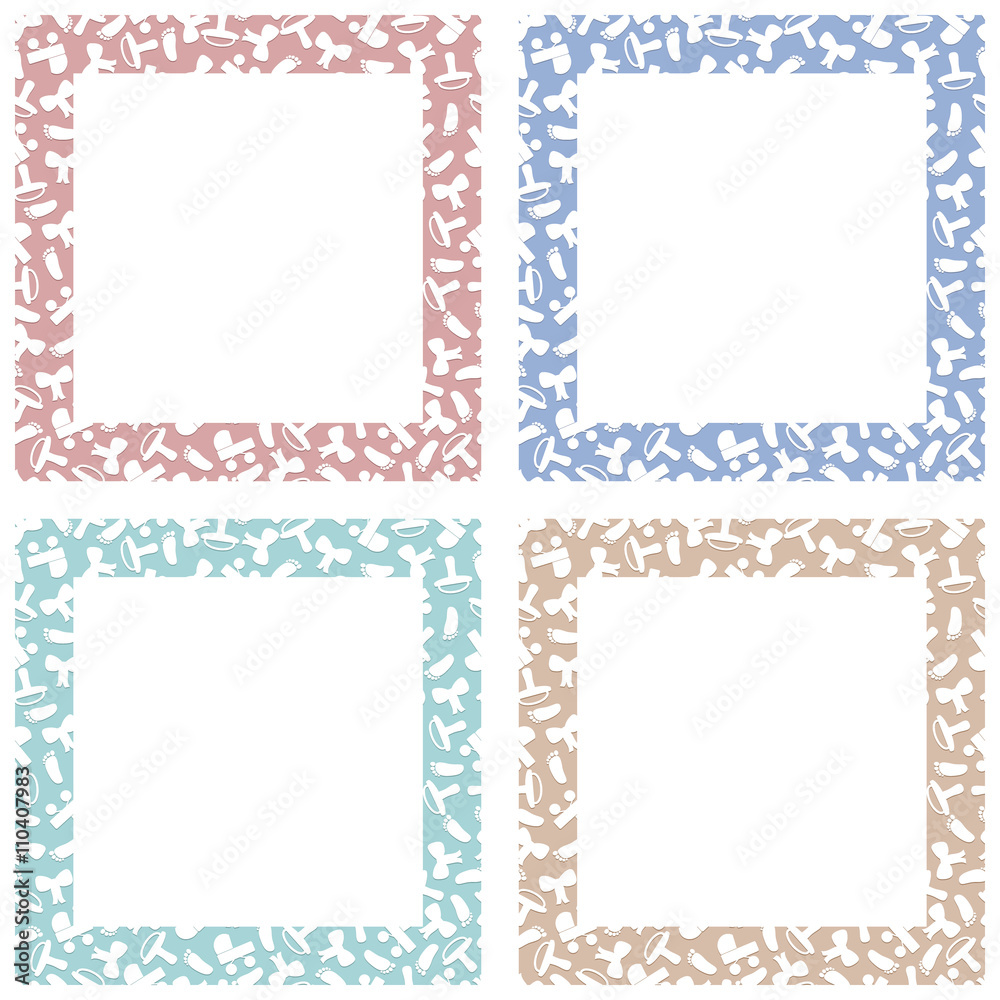 vector baby card, photo frame. with carriage, nipple, bow and foot print vector baby card, photo frame. with carriage, nipple, bow and foot print