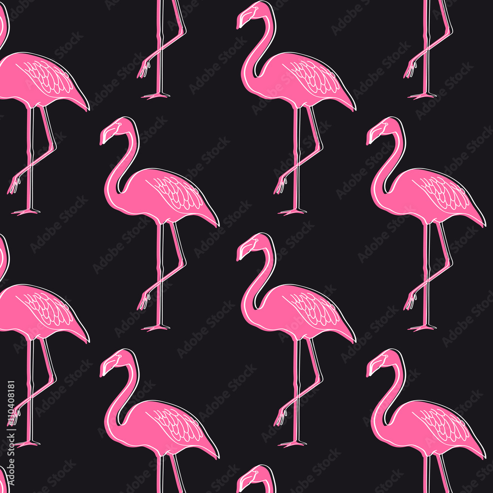 Obraz premium Flamingo seamless pattern on black background. 