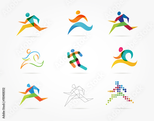 Running marathon, people run, colorful icon set