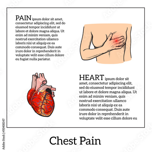 Information about heart pain, chest pain in women, anatomical image of the human heart, vector sketch hand-drawn illustration of heart and human patients suffering from chest pains woman holding chest