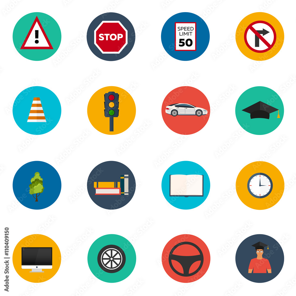Driving school set flat icon. Auto. Auto Education. The rules of the road. 