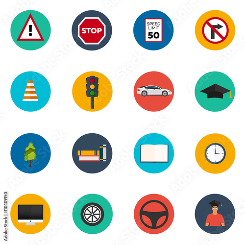 Driving school set flat icon. Auto. Auto Education. The rules of the road. 