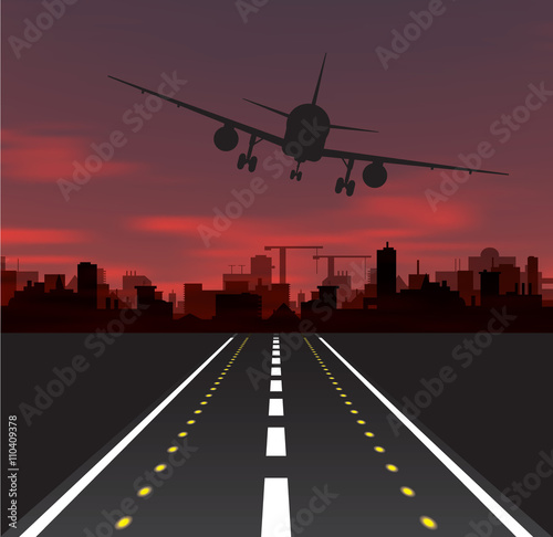 Aircraft is taking off at sunset
