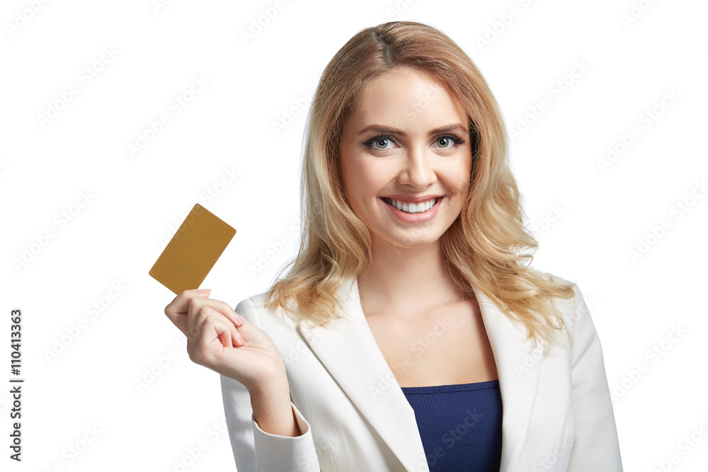 Beautiful young woman showing credit card and smiling. Business concept Beautiful young woman showing credit card and smiling. Business concept