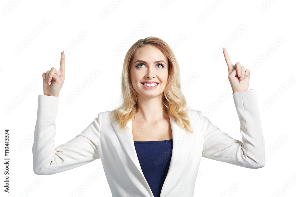 Beautiful smiling woman showing up. Business concept Beautiful smiling woman showing up. Business concept